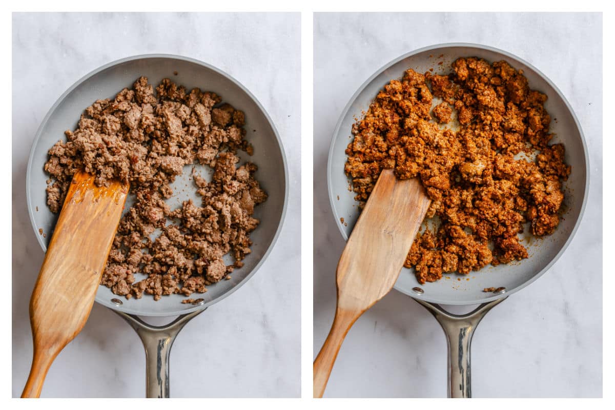 Browned ground beef in a skillet next to taco seasoning stirred in.