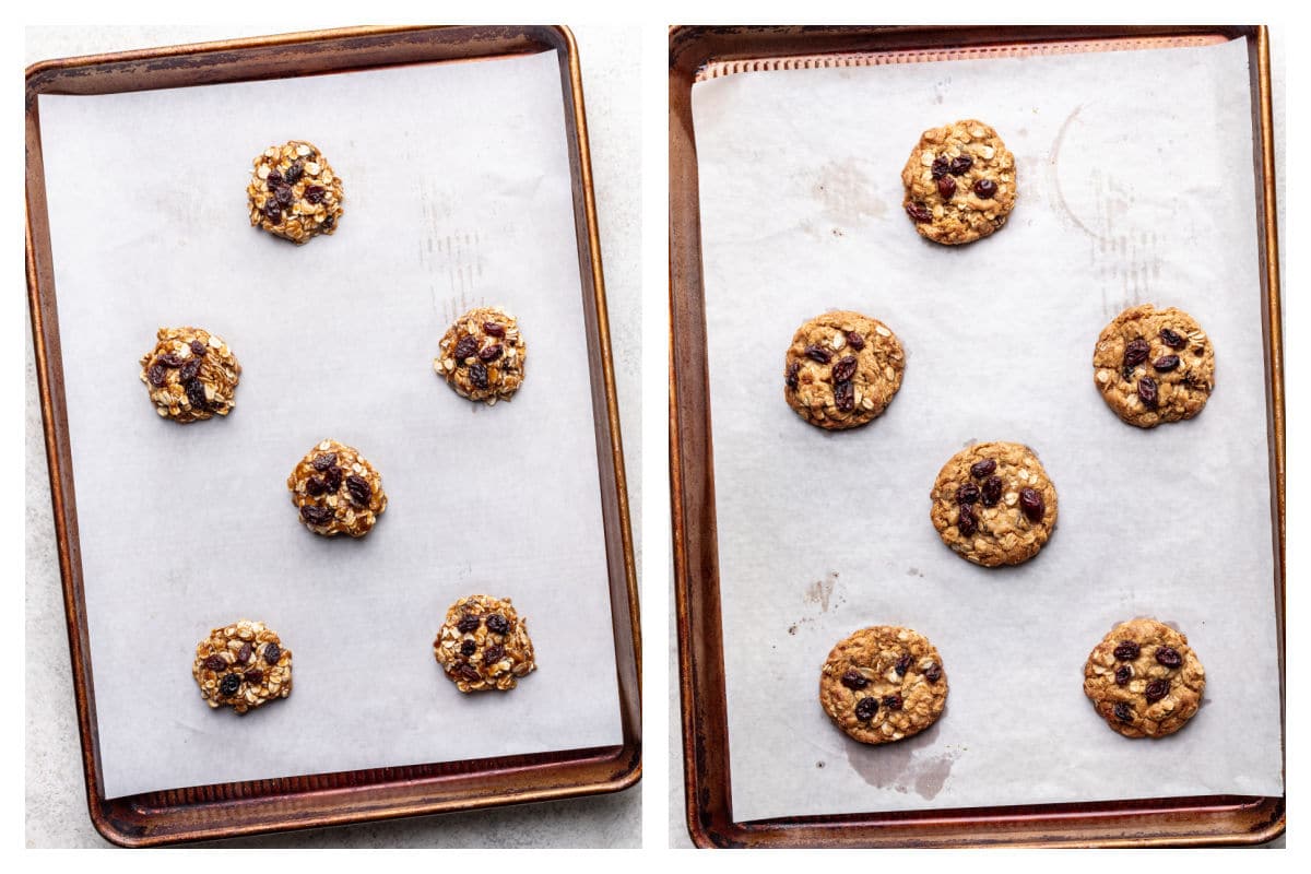 Scoops of brown butter cookie dough on a cookie sheet next to the baked cookies on a cookie sheet. 