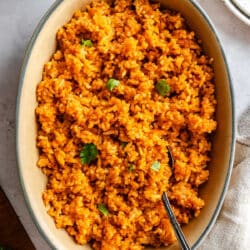A dish of Instant Pot Mexican rice with a spoon in it.