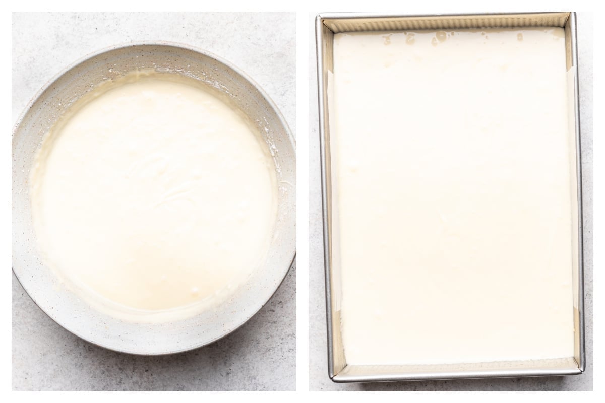 Cream cheese mixture in a mixing bowl next to in a baking pan.