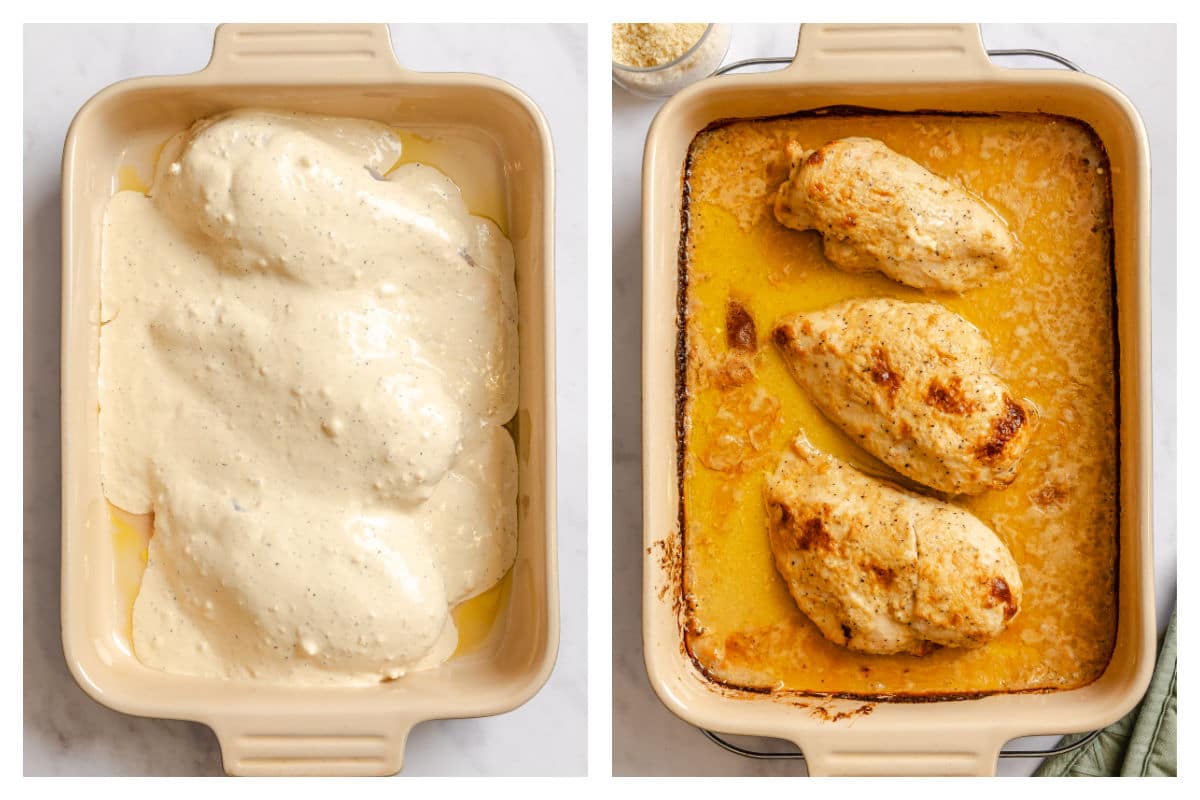 Caesar mixture spread over chicken breasts next to baked chicken breasts in a pan.