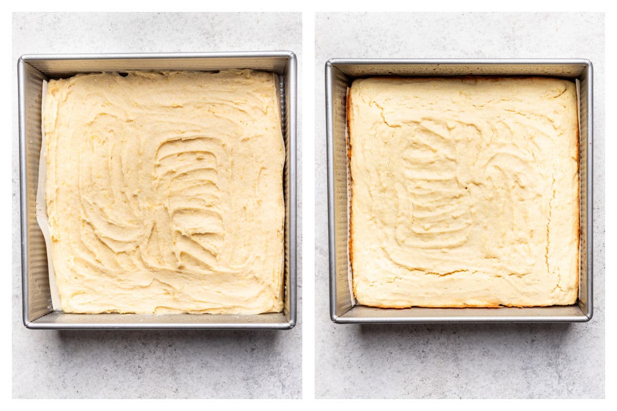 Lemon brownie batter in a pan next to baked lemon brownies in a pan.