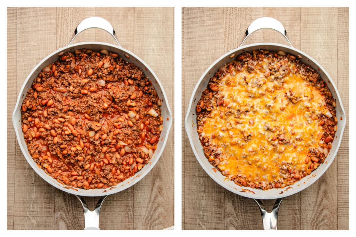 Beans salsa and seasoning stirred into ground beef next to melted cheese on top. 