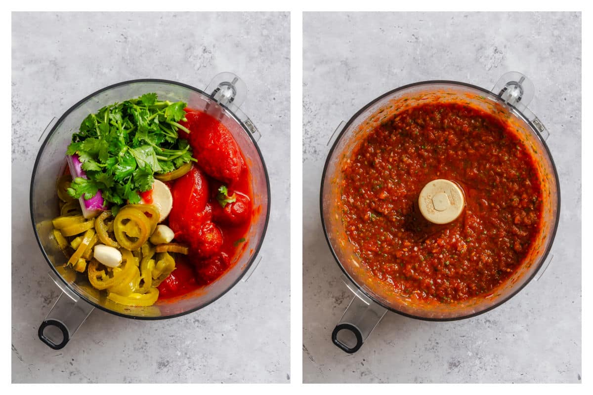 Ingredients in a food processor for blender salsa next to the processed salsa in a food processor.