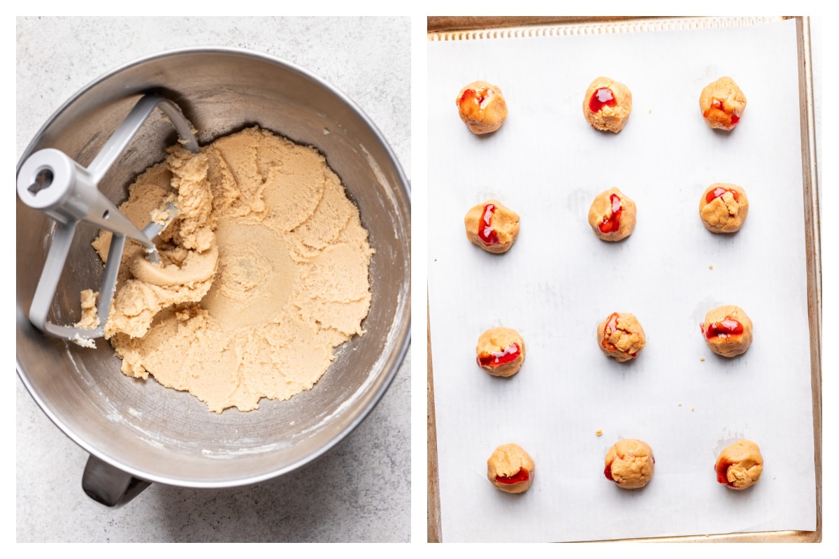 Creamed butter and sugars in a mixing bowl next to dough balls with jelly on a baking sheet.