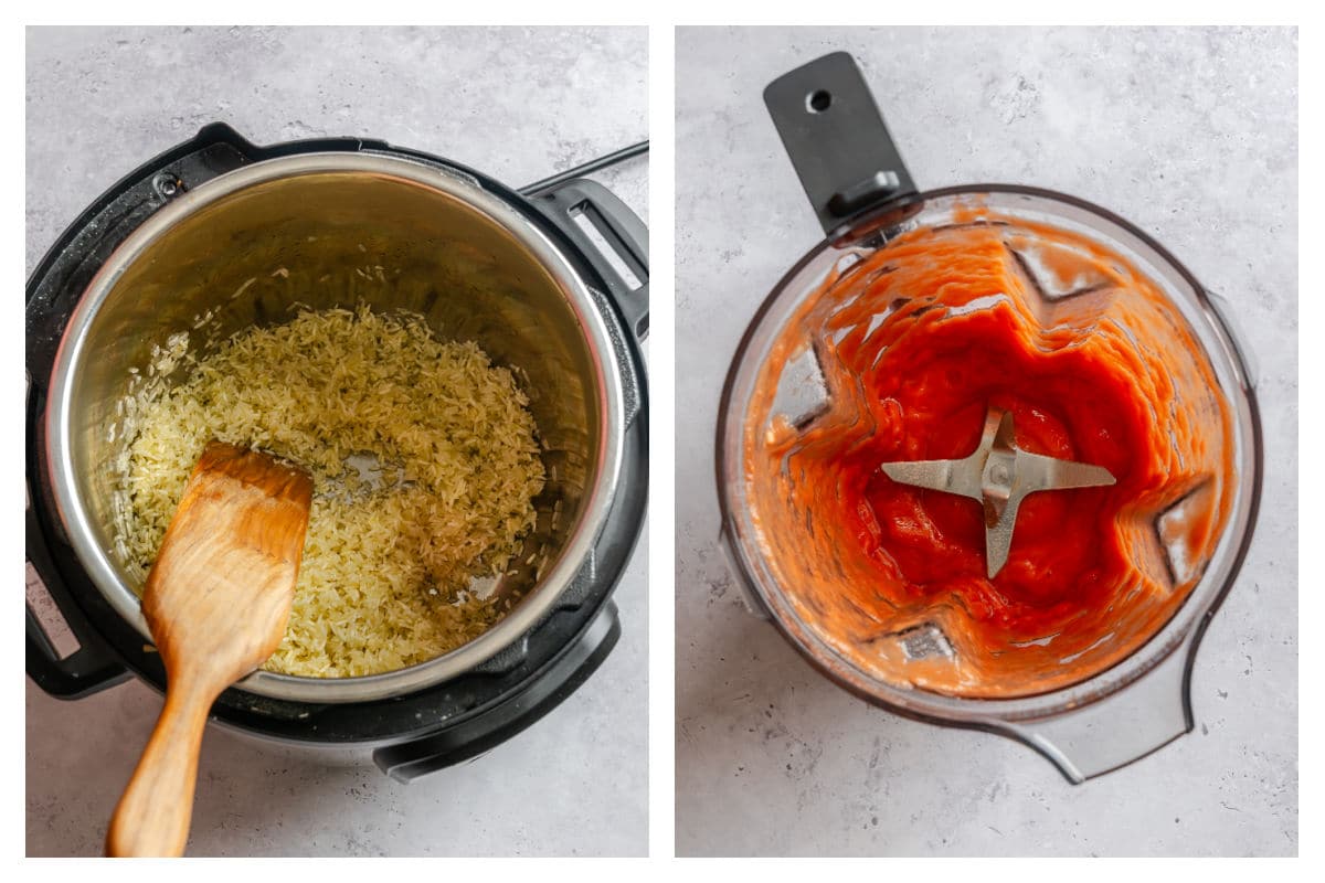 Toasted rice in an Instant Pot next to tomato sauce in a food processor.