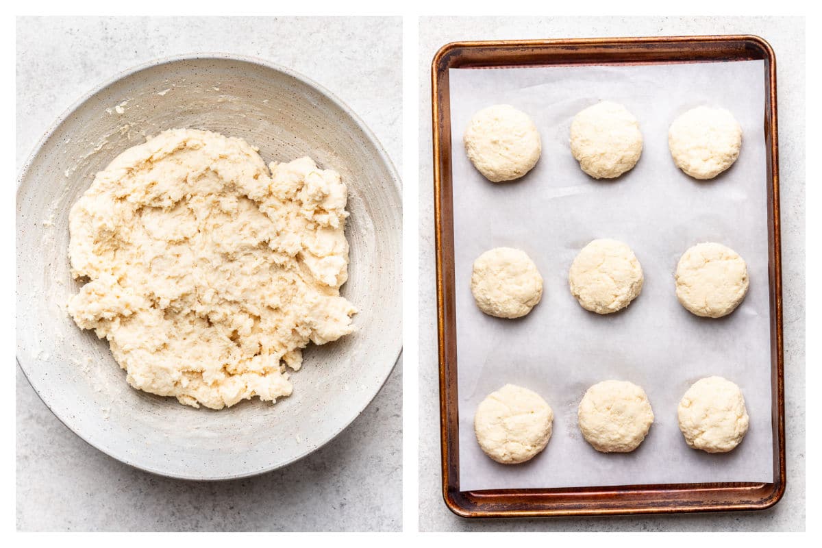 Biscuit dough in a bowl next to biscuit dough on a baking sheet. 
