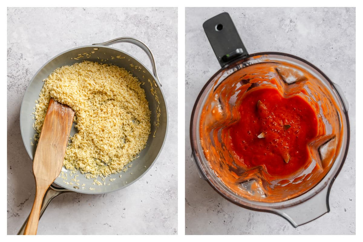 Rice toasting in a skillet next to tomato mixture in a food processor. 