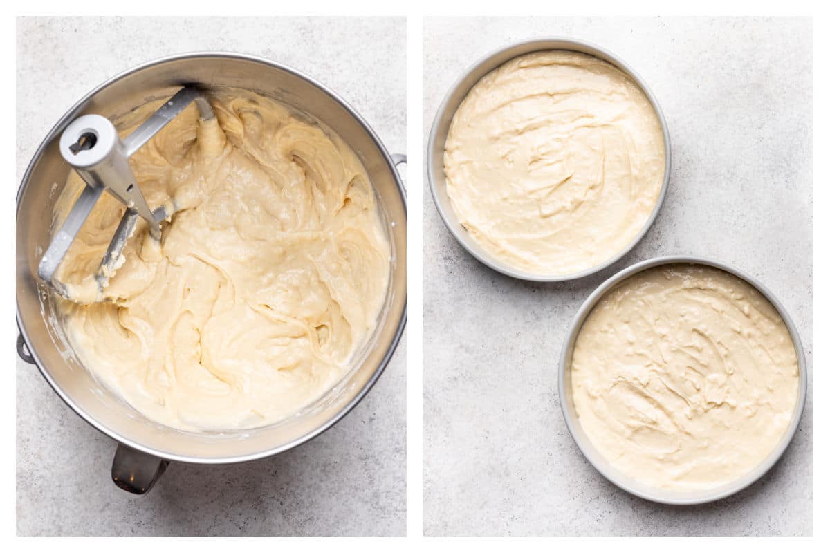 Coconut cake batter in a mixing bowl next to the batter in cake pans. 
