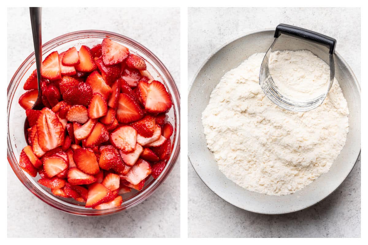 sliced strawberries in a bowl next to butter cut into dry ingredients.