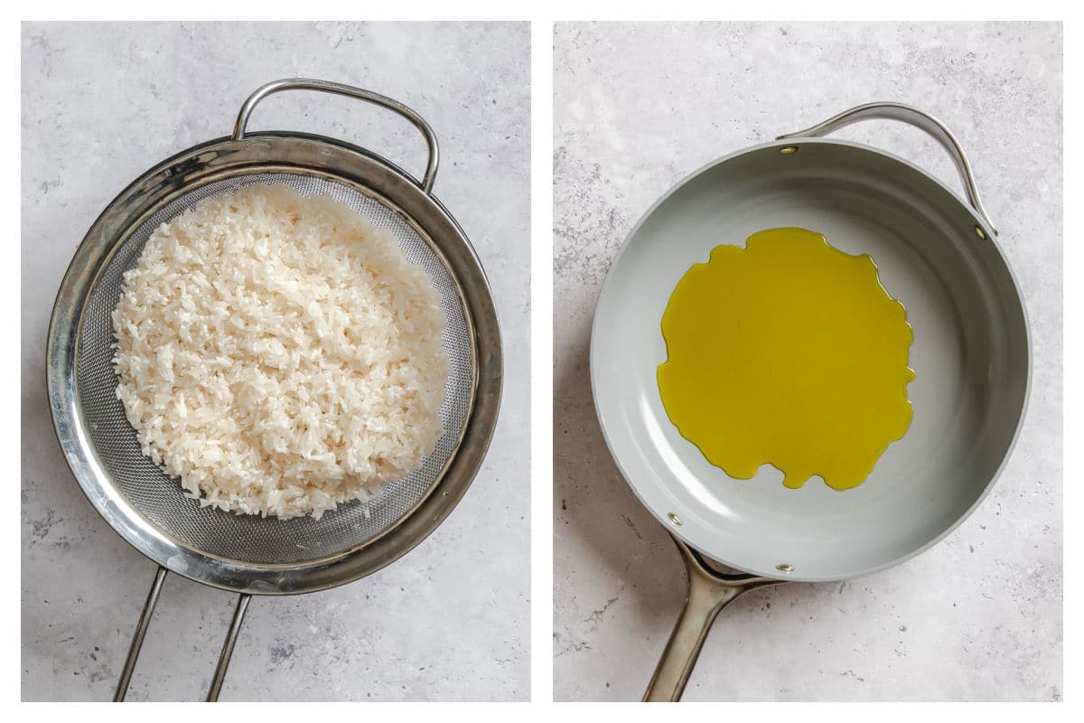 Rice in a colander next to  oil in a skillet. 