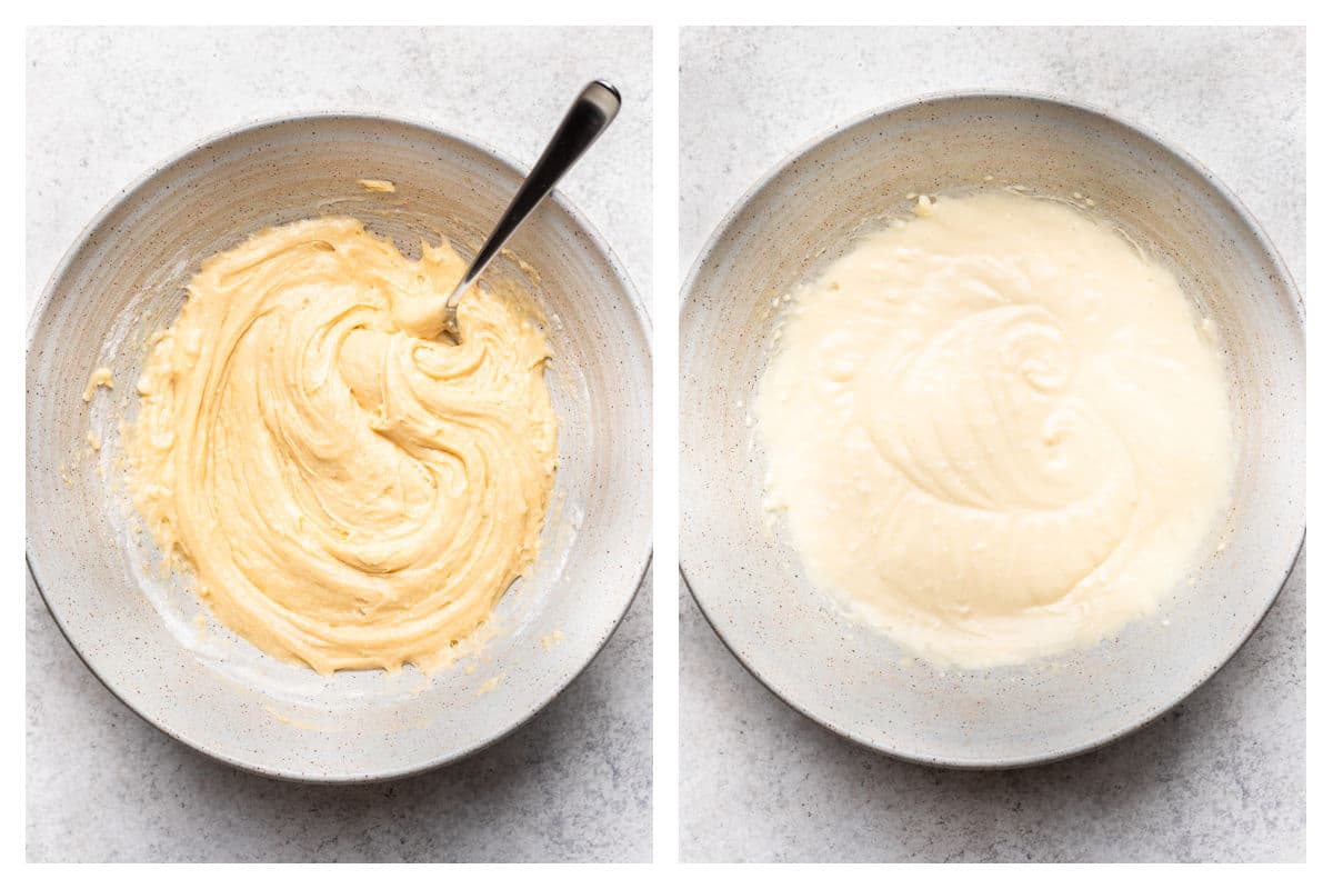 Cake mix and ingredients in a mixing bowl next to cream cheese mixture in a mixing bowl. 