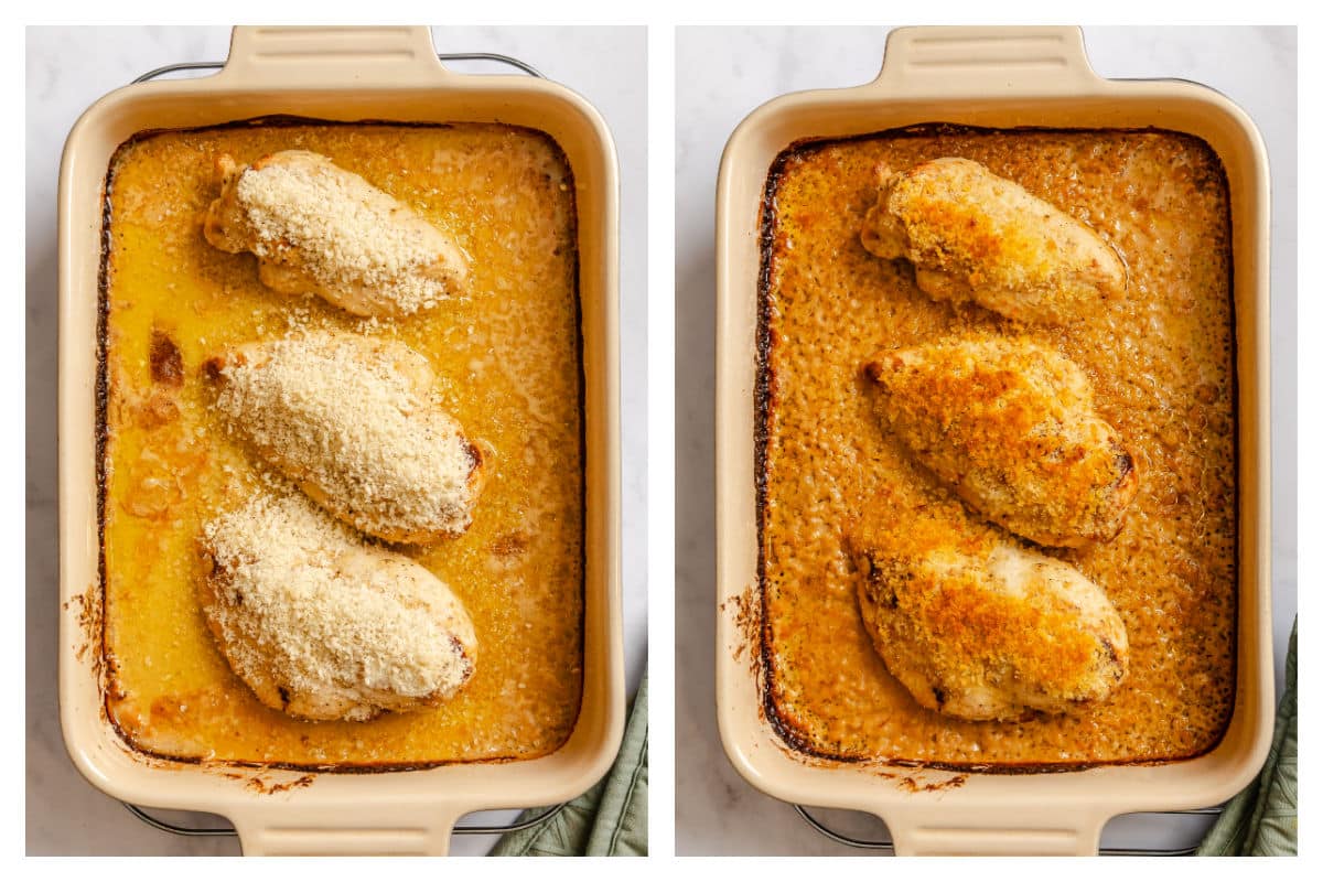 Panko sprinkled over chicken breasts next to baked Caesar chicken in a pan.