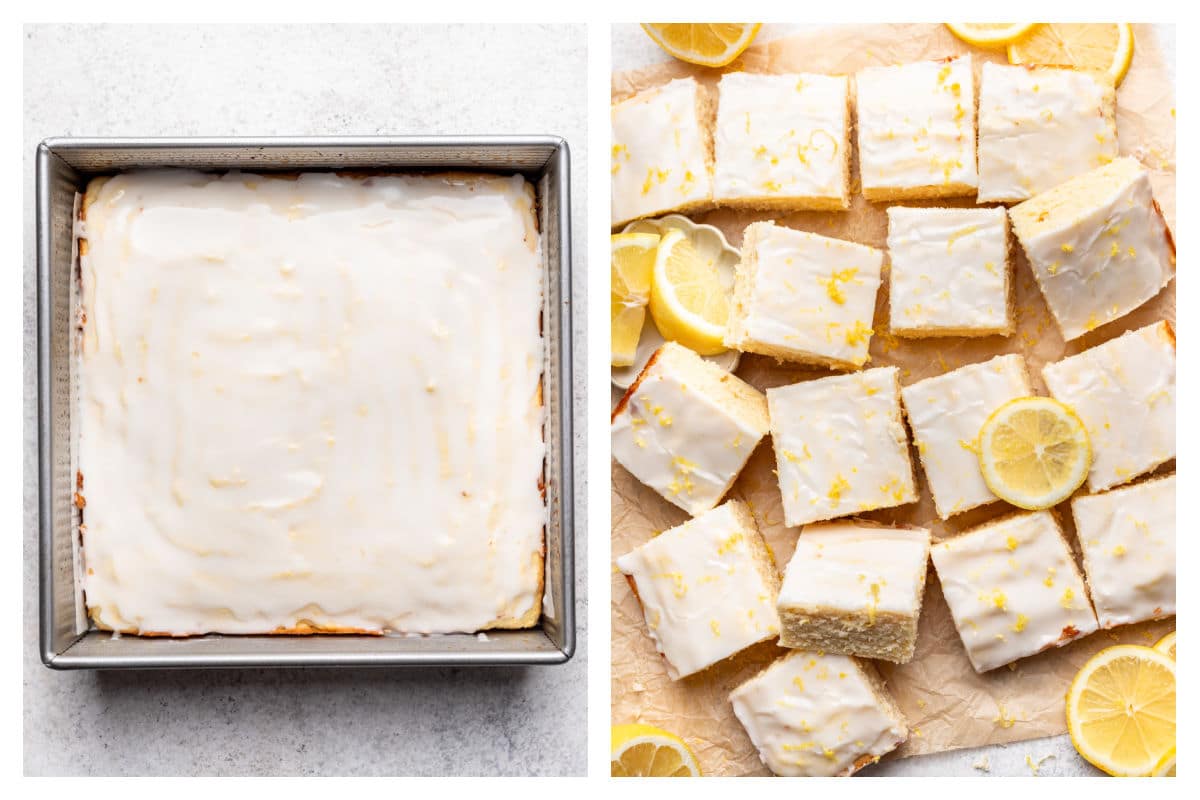 Iced lemon brownies in a pan next to cut lemon brownies.