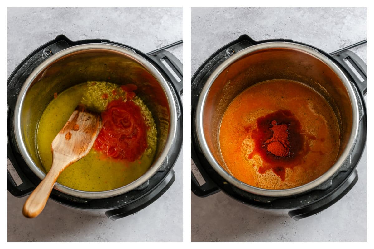 Broth and tomato sauce in Instant Pot with toasted rice next to tomato chicken bouillon on rice mixture.
