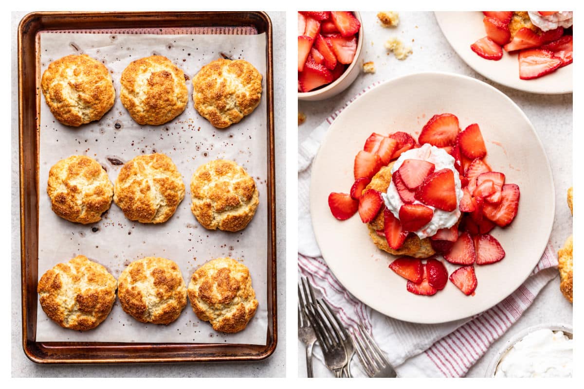 Baked biscuits on a baking sheet next to assembled strawberry shortcake on a plate. 