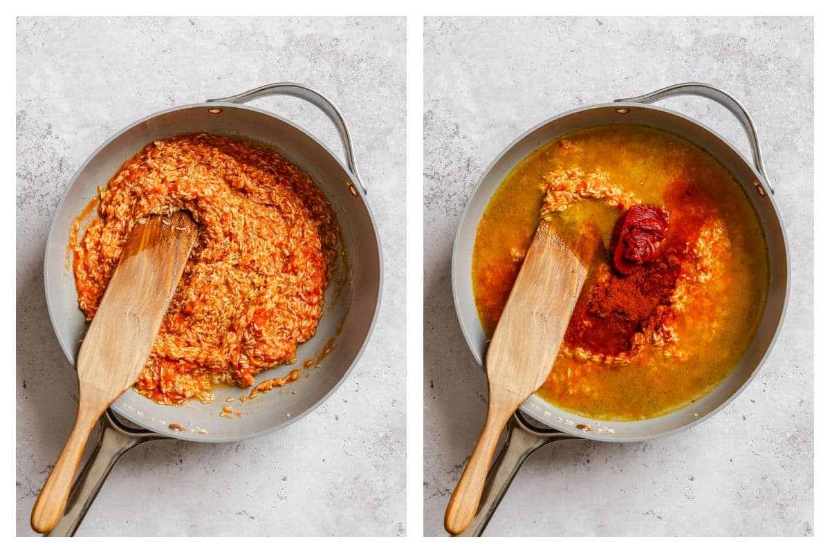 Tomato mixture stirred into rice next to bouillon on rice mixture. 