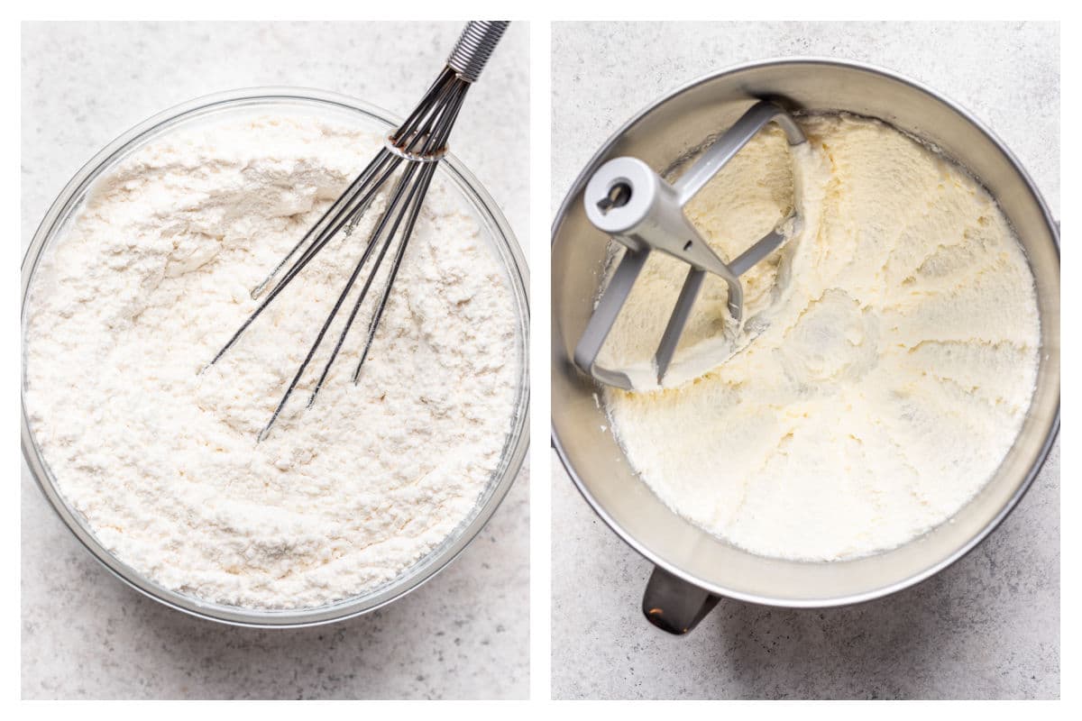 Dry ingredients in a mixing bowl next to butter and oil and sugar in a mixing bowl.