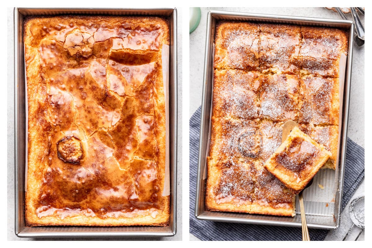 Butter cake in a pan next to sprinkled with powdered sugar with a piece cut.
