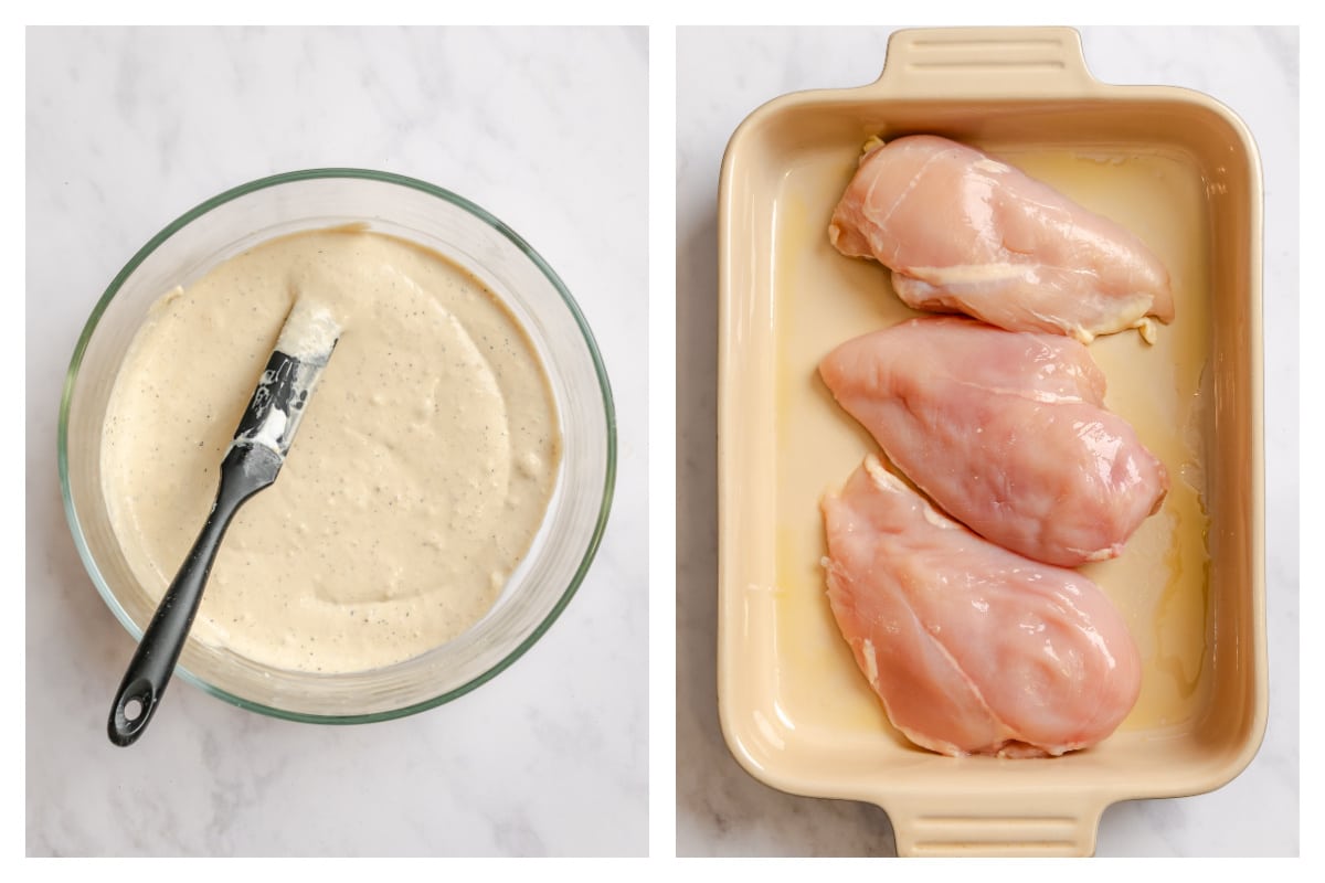 Caesar dressing mixture in a bowl next to chicken breasts in a baking dish.