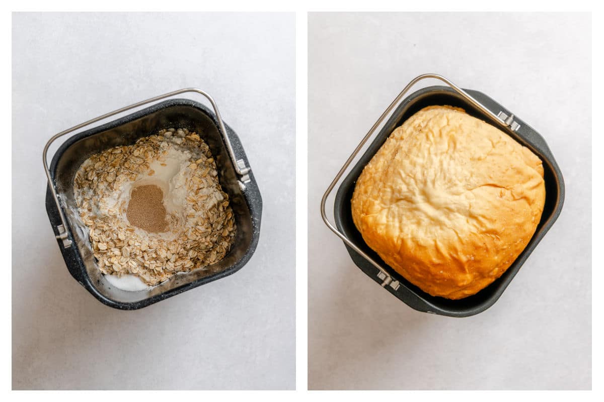 Ingredients for bread machine buttermilk oat bread in a bread machine pan next to the baked loaf in a pan.
