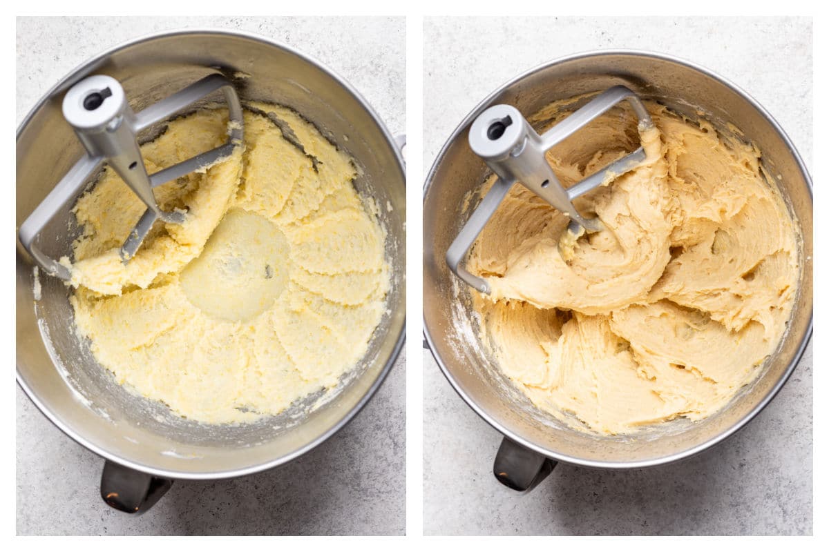 Creamed butter in a mixing bowl next to lemon brownie batter in a bowl.
