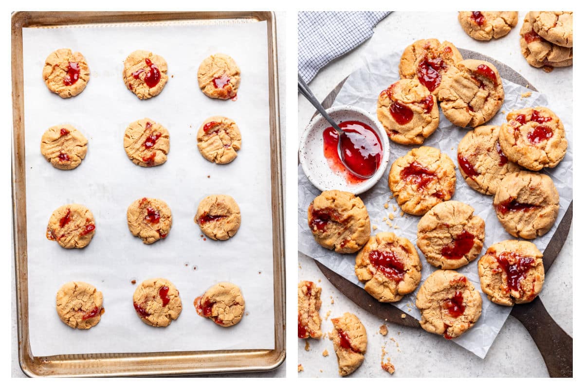 Baked peanut butter and jelly cookies on a baking sheet.