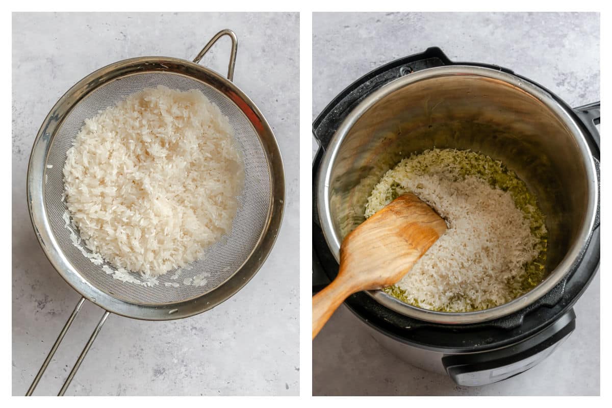 Rice in a fine mesh strainer next to rice toasting in an Instant Pot. 