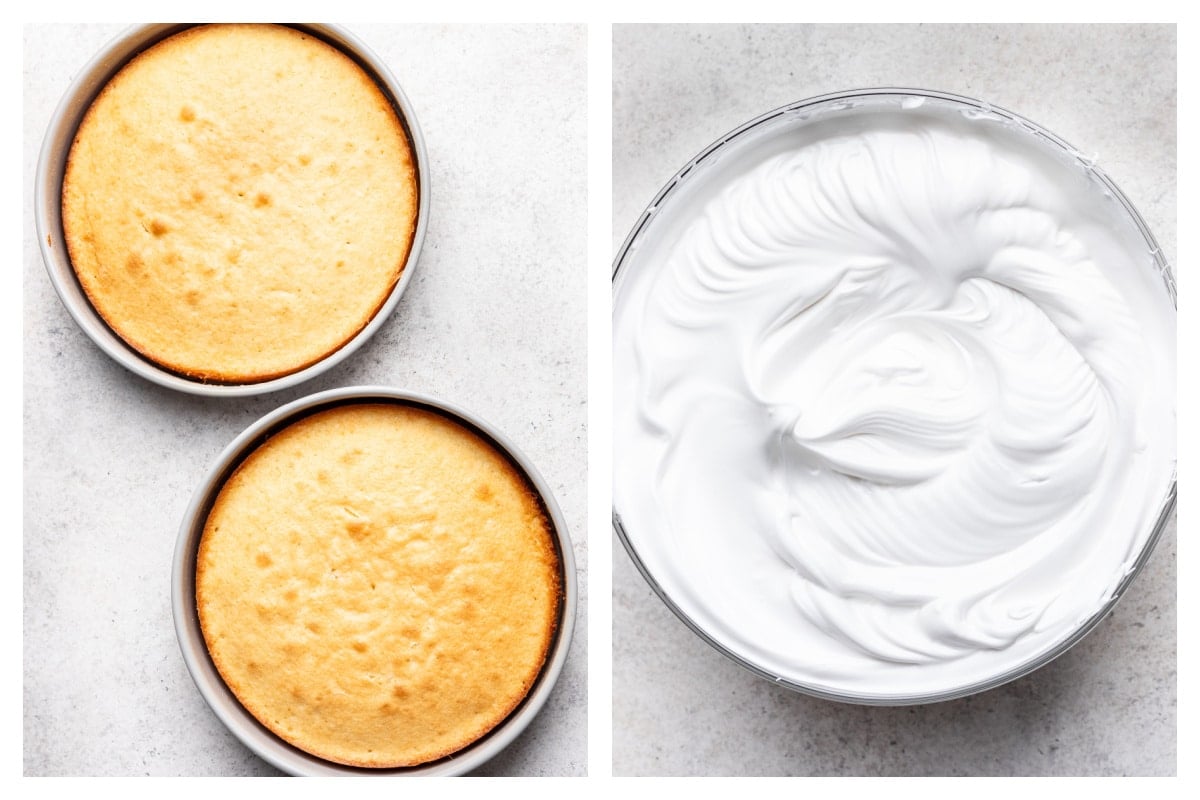 Baked coconut cakes in a cake pan next to 7  minute frosting in a mixing bowl. 