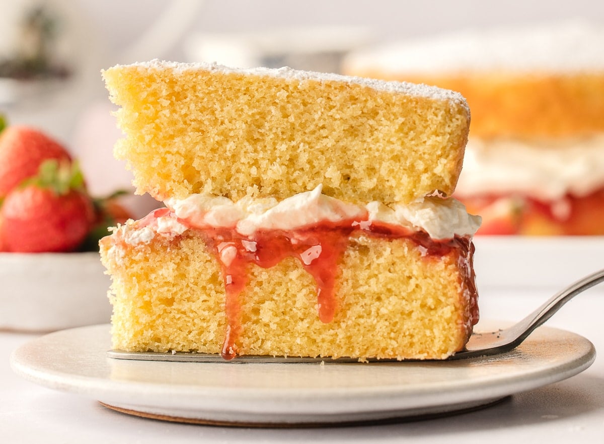 A slice of Victoria sponge cake on a cake server sitting on a plate. 