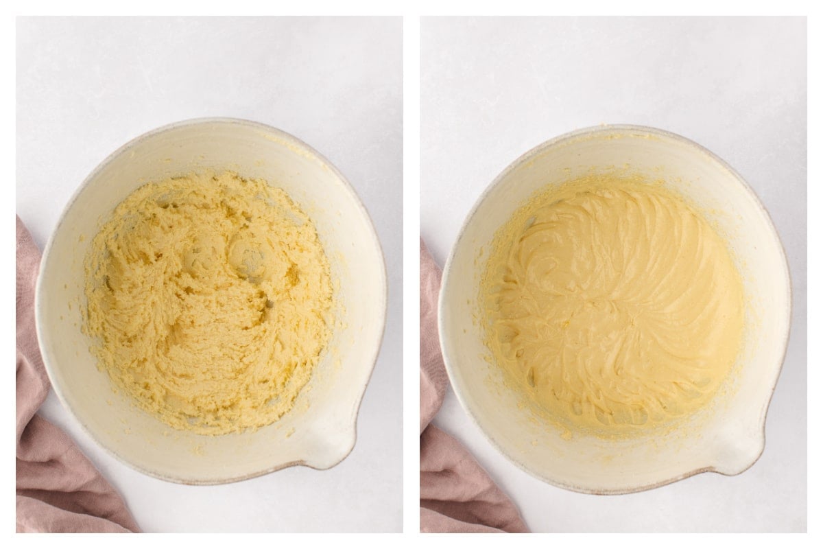 Creamed butter and sugar in a mixing bowl next to eggs beaten in. 