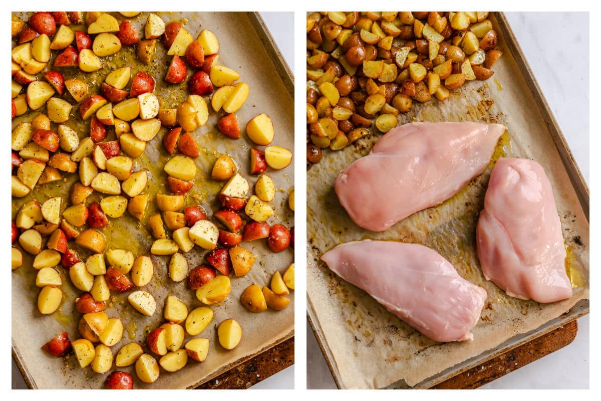 Potatoes on a rimmed baking sheet next to chicken breast added to sheet pan.