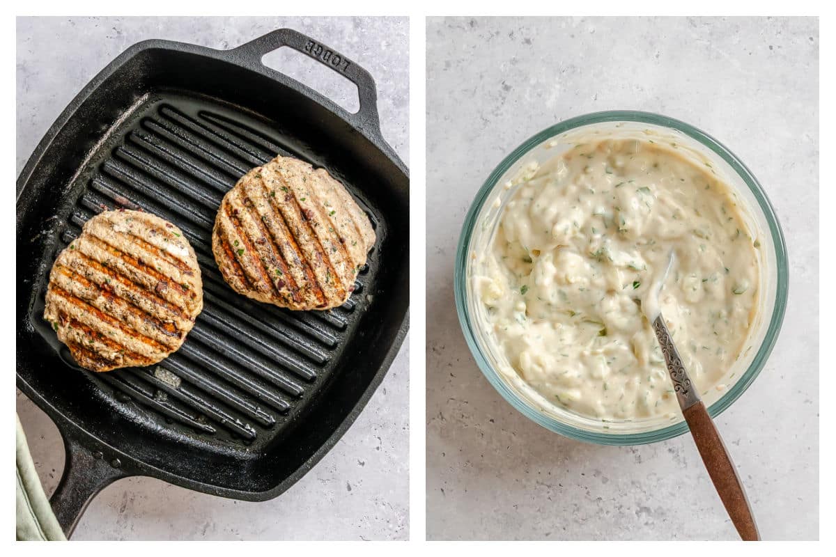 Greek turkey burgers cooking on a grill pan next to a bowl of homemade tzatziki.