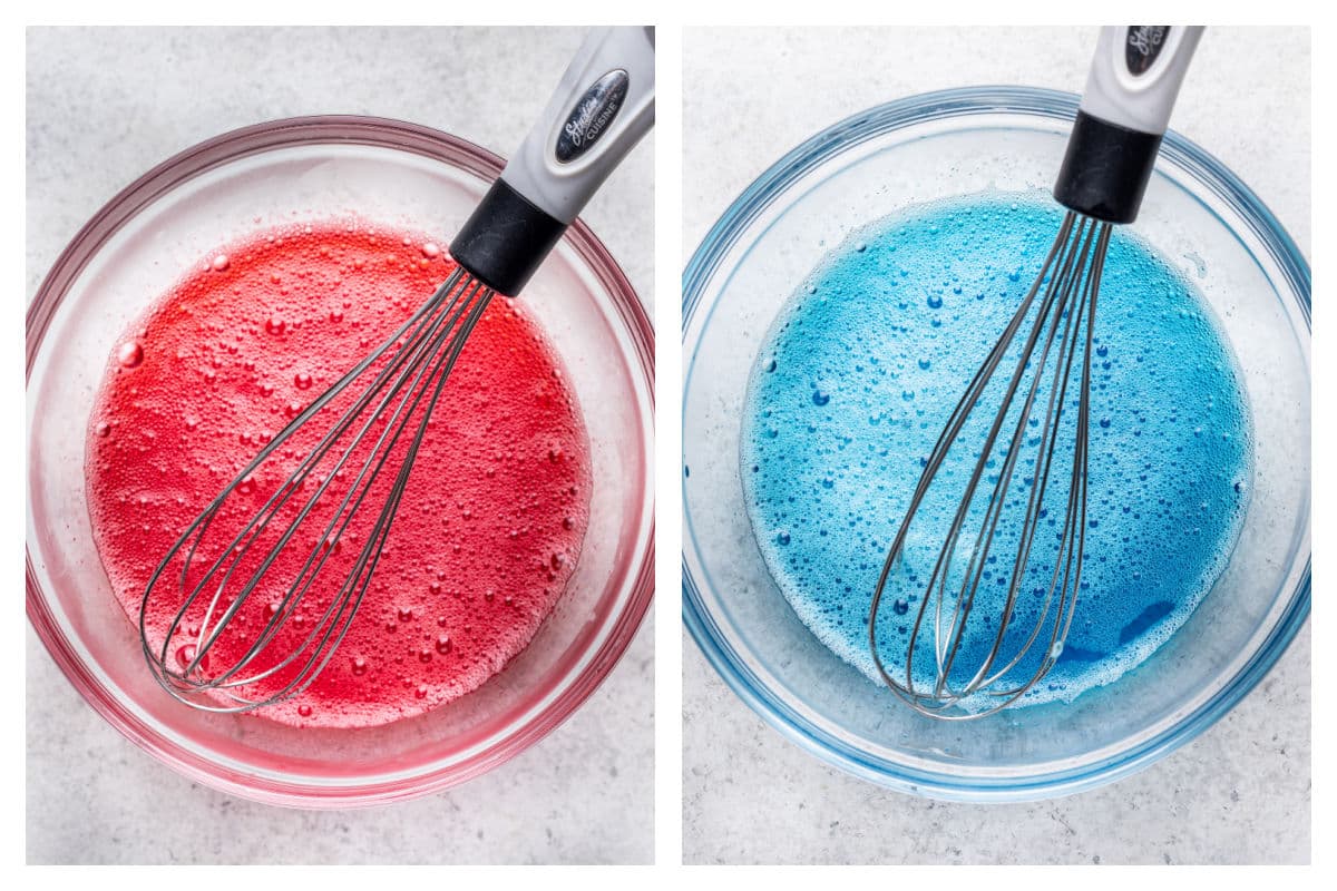 Red cake batter in a bowl next to blue cake batter in a bowl. 