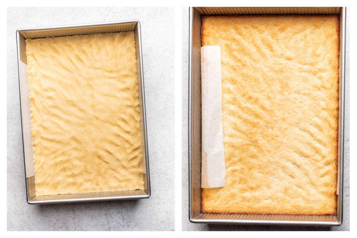 Sugar cookie dough in a pan next to baked sugar cookie bars in a pan.
