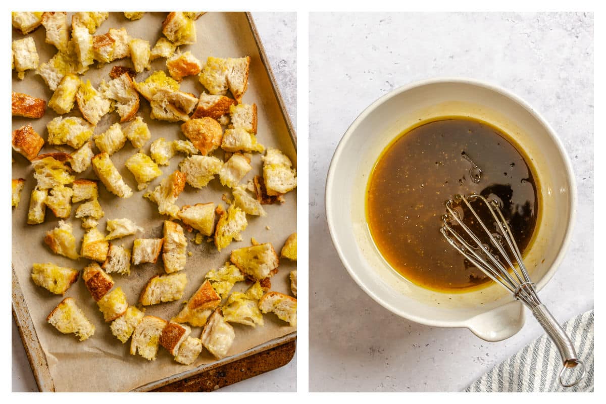 Bread cubes on a sheet pan next to panzanella dressing in a bowl. 