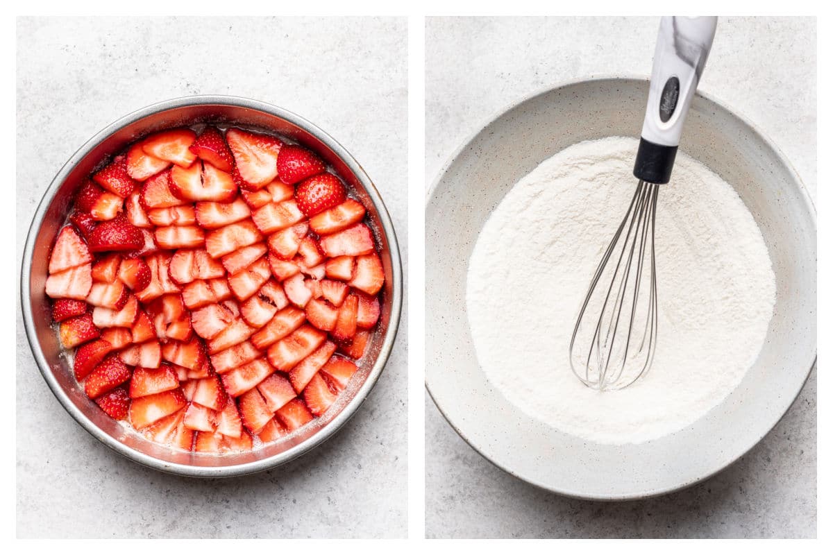 Overlapping strawberry slices in a cake pan next to dry ingredients in a bowl. 