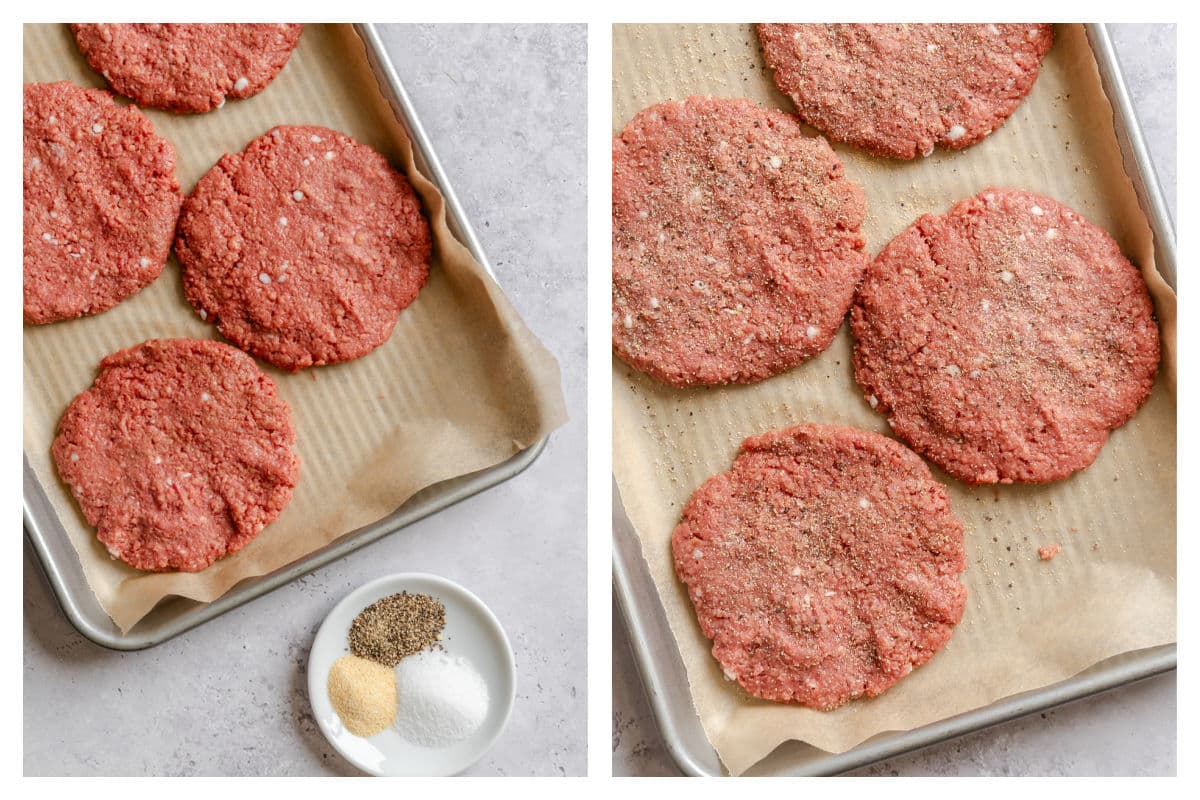 Burger patties next to a dish of seasoning next to seasoned burger patties.