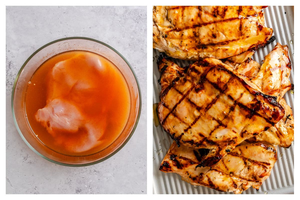Chicken in marinade next to grilled chicken on a tray. 