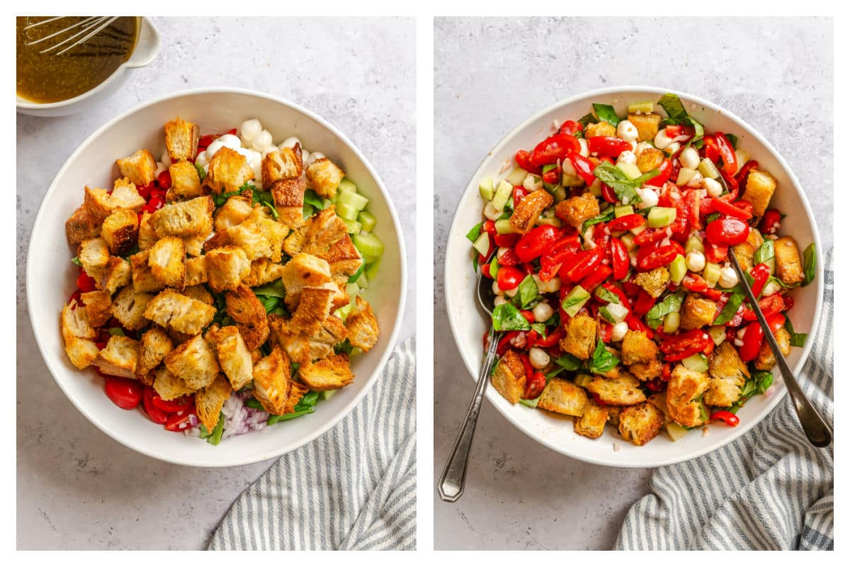 Dried bread cubes on top of veggies and cheese in a bowl next to ingredients tossed together. 
