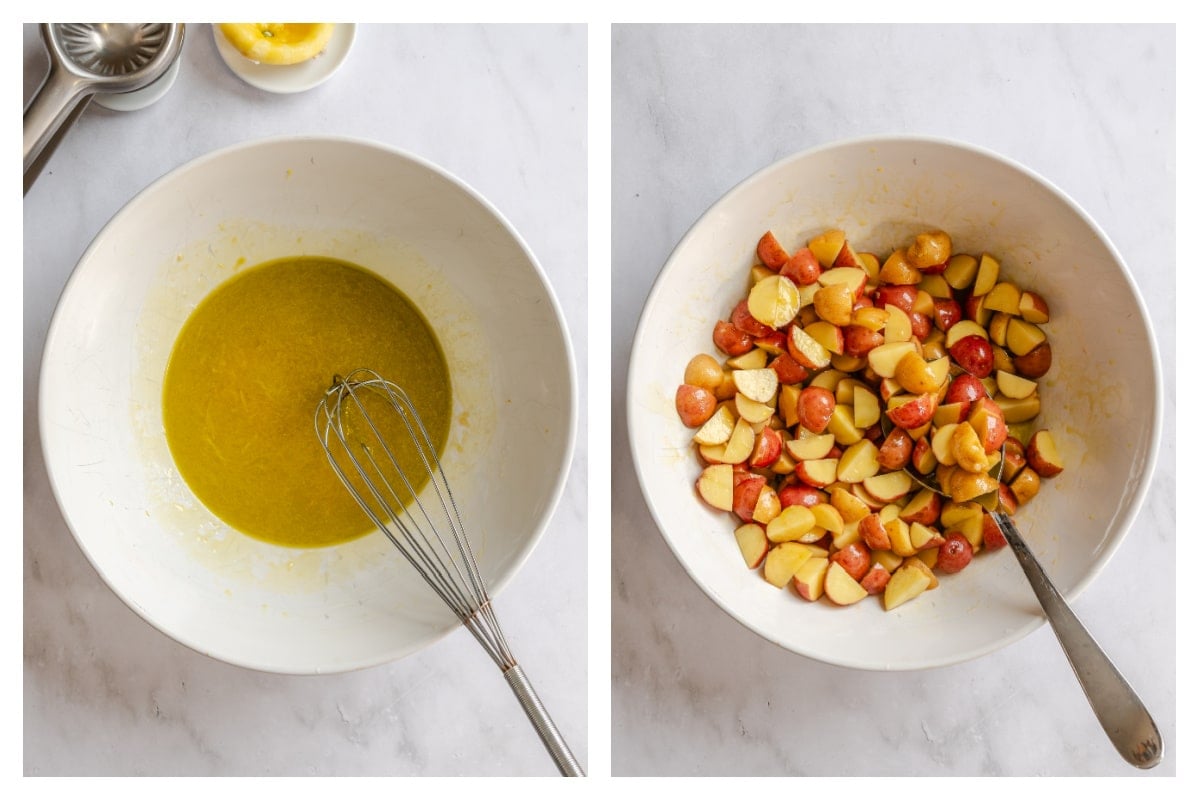 Marinade ingredients in a mixing bowl next to potatoes tossed in marinade. 