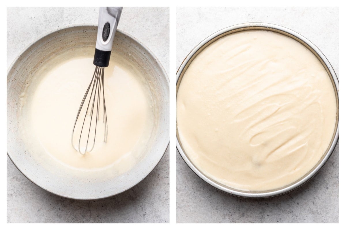 Strawberry upside down cake batter in a bowl next to the batter in a cake pan. 