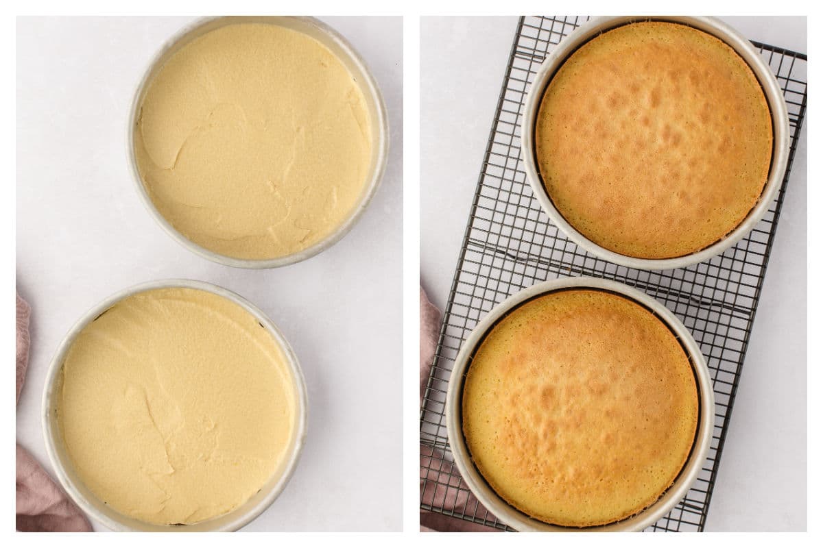 Cake batter in pans next to baked cakes in pans. 