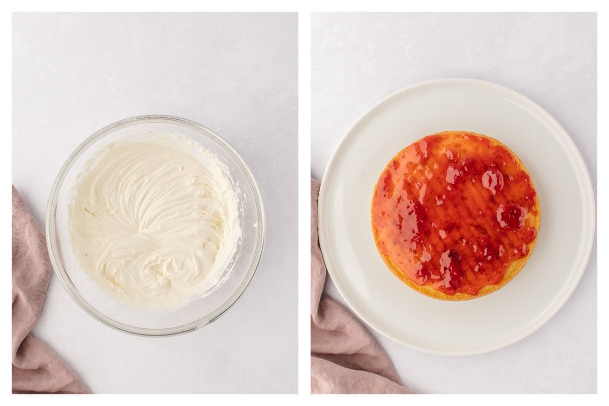 Whipped cream in a bowl next to jam spread on a cake.