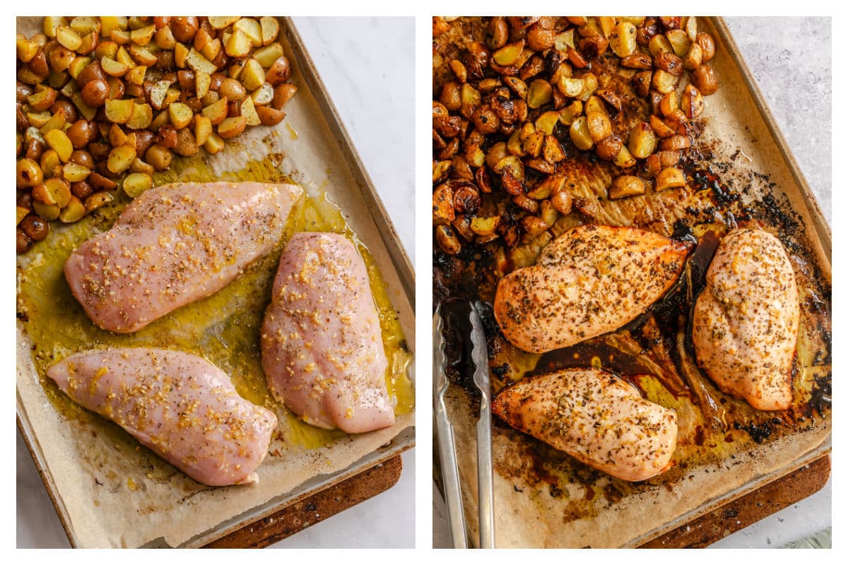 Seasoning on chicken breast next to roast lemon garlic chicken and potatoes on a sheet pan.