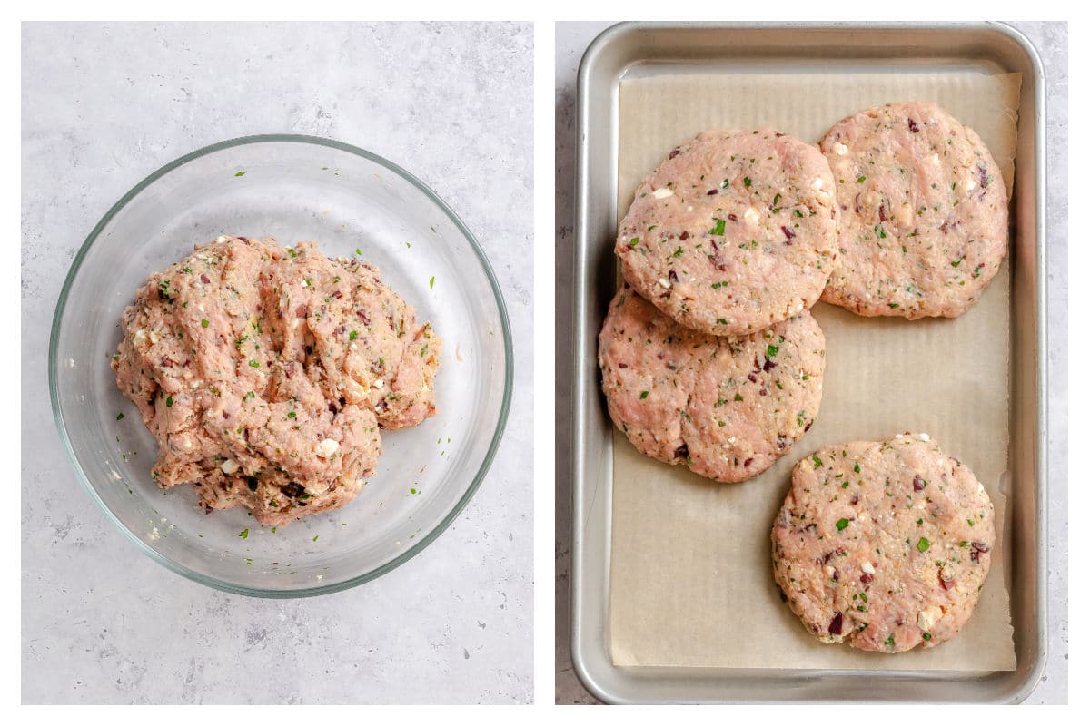Turkey burger mixture in a glass mixing bowl next to 4 turkey burger patties on a pan.