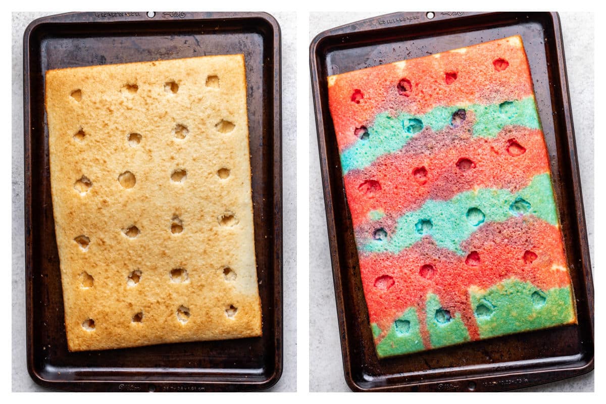 A white cake with holes poked in it next to jello poured over those holes. 