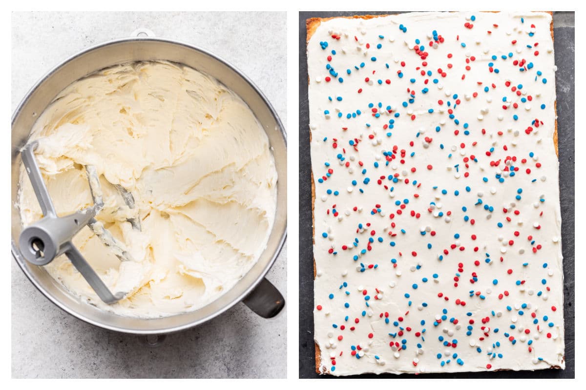 Buttercream in a mixing bowl next to a pan of frosted sugar cookie bars topped with sprinkles. 
