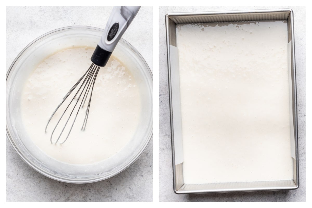 White cake batter in a bowl next to cake batter in a pan. 