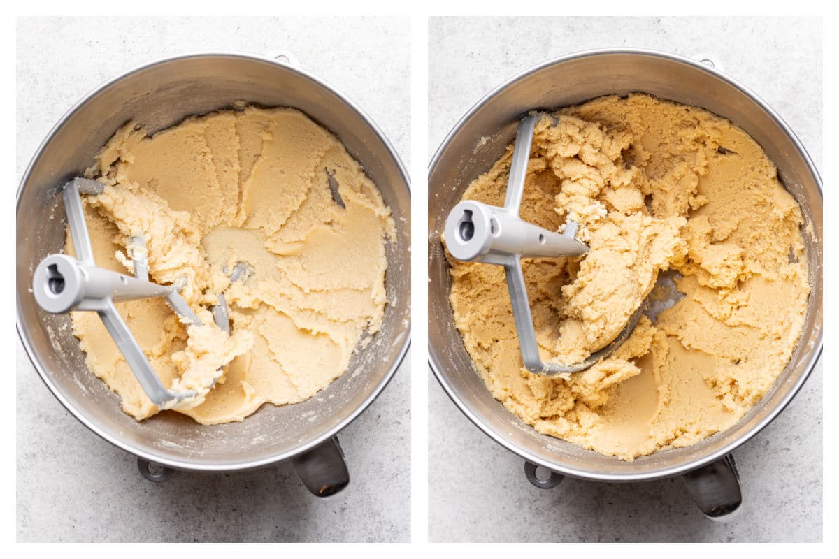 Creamed butter and sugar in a mixing bowl next to sugar cookie dough in a mixing bowl. 